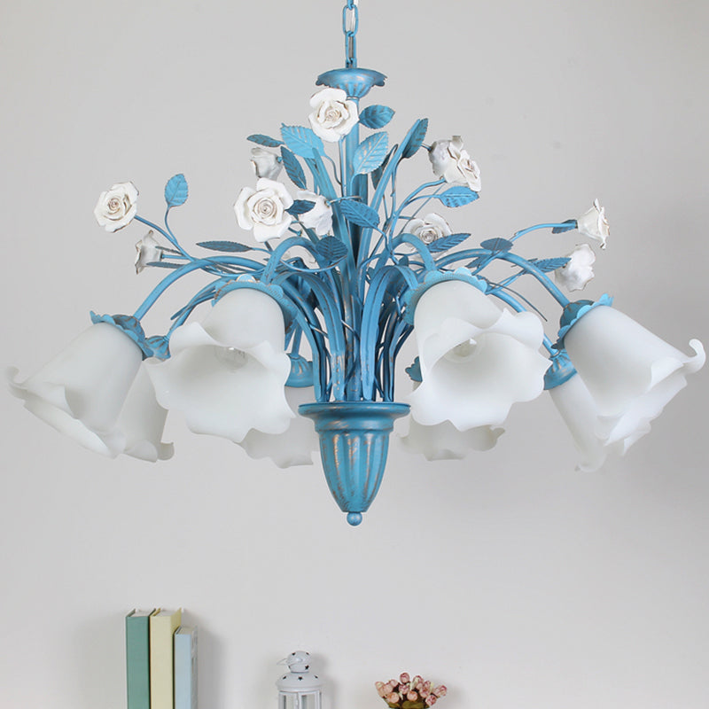 White Glass Orchid/Magnolia Chandelier Korean Flower 5/6/8-Light Living Room Ceiling Pendant Lamp in Blue Clearhalo 'Ceiling Lights' 'Chandeliers' Lighting' options 1968397