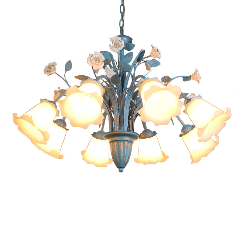 White Glass Orchid/Magnolia Chandelier Korean Flower 5/6/8-Light Living Room Ceiling Pendant Lamp in Blue Clearhalo 'Ceiling Lights' 'Chandeliers' Lighting' options 1968398