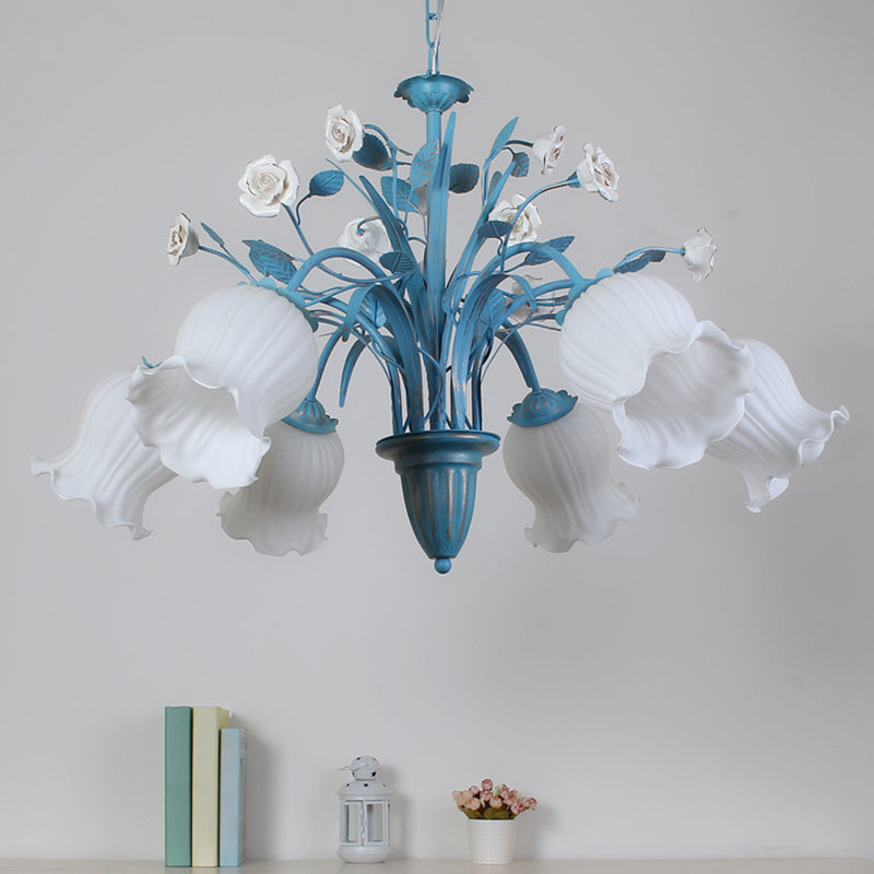 White Glass Orchid/Magnolia Chandelier Korean Flower 5/6/8-Light Living Room Ceiling Pendant Lamp in Blue Clearhalo 'Ceiling Lights' 'Chandeliers' Lighting' options 1968401