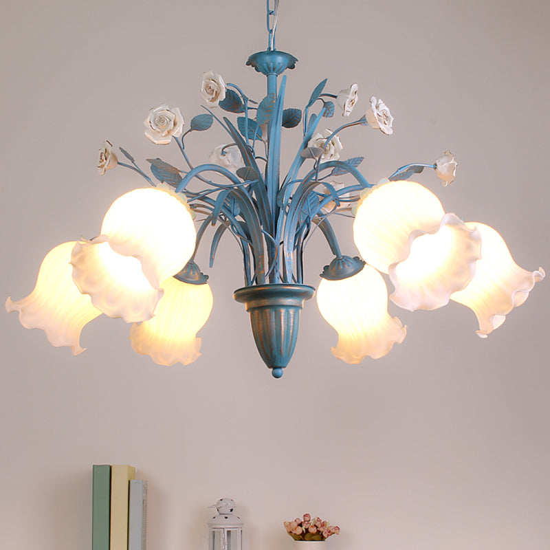 White Glass Orchid/Magnolia Chandelier Korean Flower 5/6/8-Light Living Room Ceiling Pendant Lamp in Blue Clearhalo 'Ceiling Lights' 'Chandeliers' Lighting' options 1968402