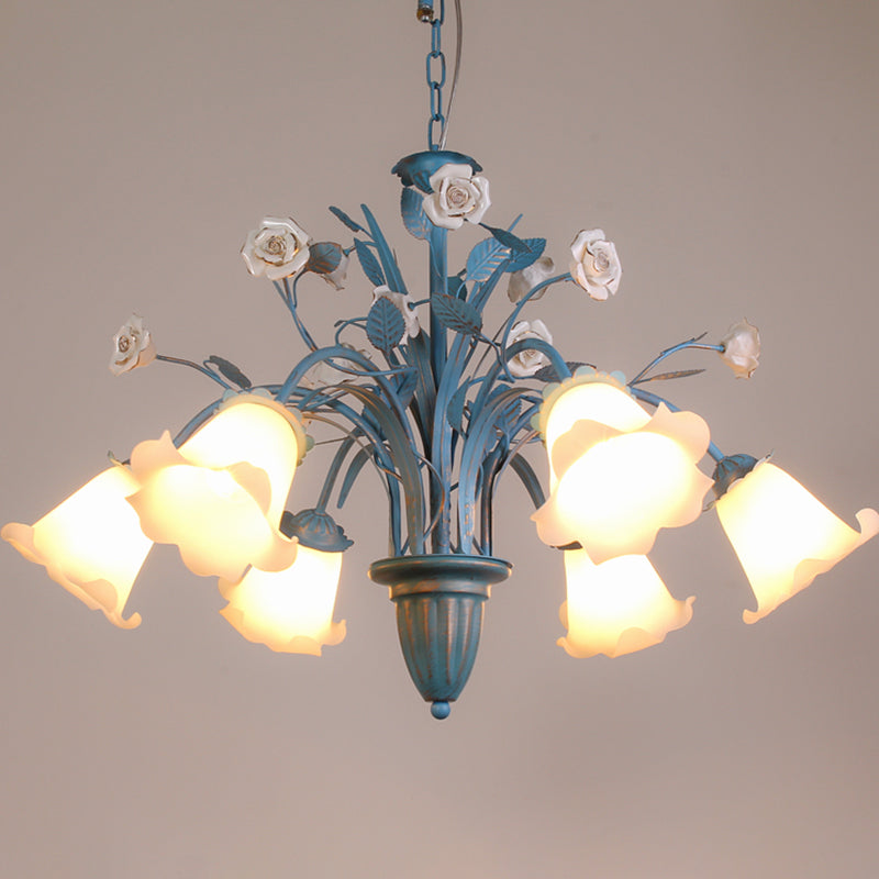 White Glass Orchid/Magnolia Chandelier Korean Flower 5/6/8-Light Living Room Ceiling Pendant Lamp in Blue Clearhalo 'Ceiling Lights' 'Chandeliers' Lighting' options 1968407