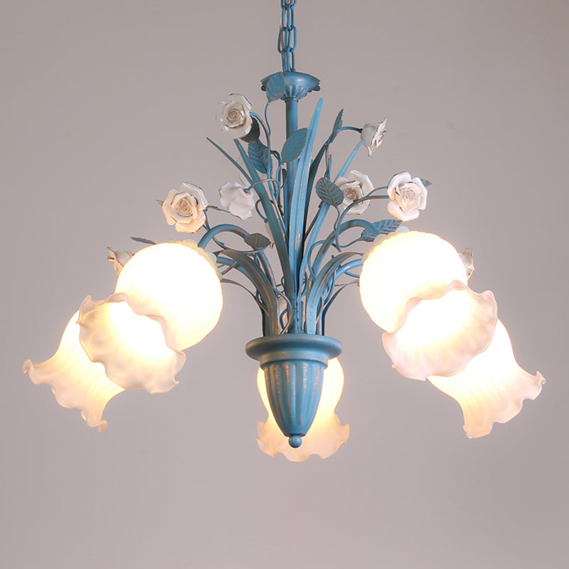 White Glass Orchid/Magnolia Chandelier Korean Flower 5/6/8-Light Living Room Ceiling Pendant Lamp in Blue Clearhalo 'Ceiling Lights' 'Chandeliers' Lighting' options 1968411