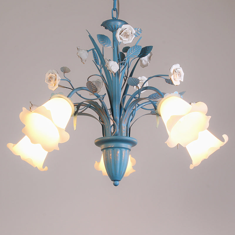 White Glass Orchid/Magnolia Chandelier Korean Flower 5/6/8-Light Living Room Ceiling Pendant Lamp in Blue Clearhalo 'Ceiling Lights' 'Chandeliers' Lighting' options 1968415