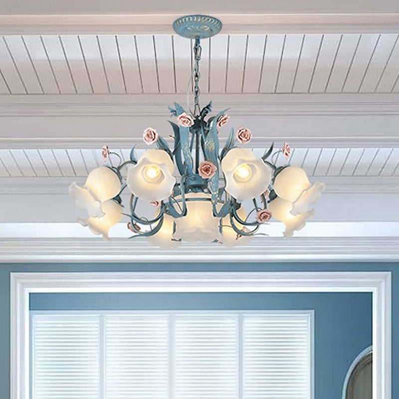 4/6/9-Head Chandelier Lamp Pastoral Style Downward Floral Frosted Glass Pendant Hanging Light in Blue 9 Blue Clearhalo 'Ceiling Lights' 'Chandeliers' Lighting' options 1968417_44b6b0d0-3407-43ad-b530-ecddd1203d98
