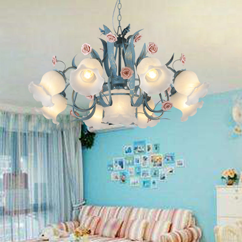 4/6/9-Head Chandelier Lamp Pastoral Style Downward Floral Frosted Glass Pendant Hanging Light in Blue Clearhalo 'Ceiling Lights' 'Chandeliers' Lighting' options 1968418