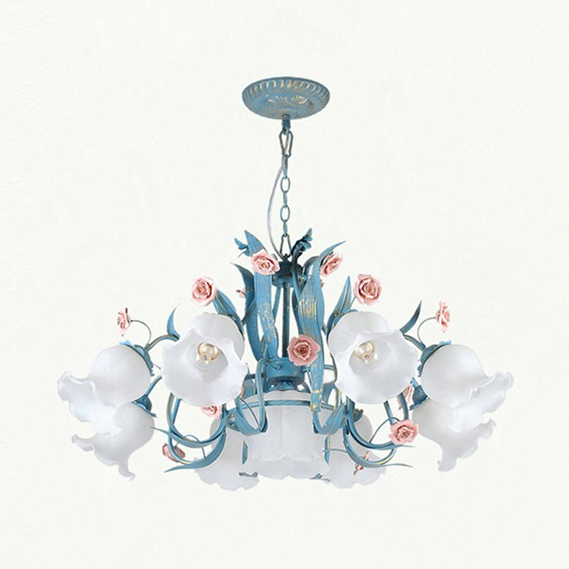 4/6/9-Head Chandelier Lamp Pastoral Style Downward Floral Frosted Glass Pendant Hanging Light in Blue Clearhalo 'Ceiling Lights' 'Chandeliers' Lighting' options 1968420