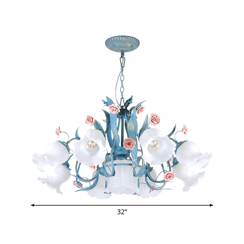 4/6/9-Head Chandelier Lamp Pastoral Style Downward Floral Frosted Glass Pendant Hanging Light in Blue Clearhalo 'Ceiling Lights' 'Chandeliers' Lighting' options 1968421