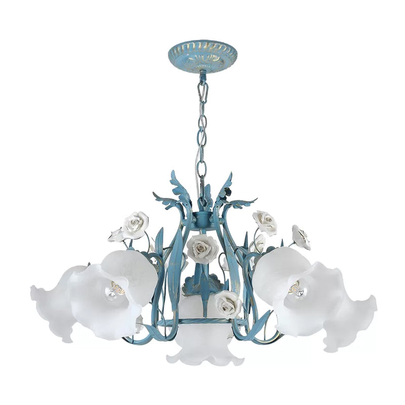4/6/9-Head Chandelier Lamp Pastoral Style Downward Floral Frosted Glass Pendant Hanging Light in Blue Clearhalo 'Ceiling Lights' 'Chandeliers' Lighting' options 1968424