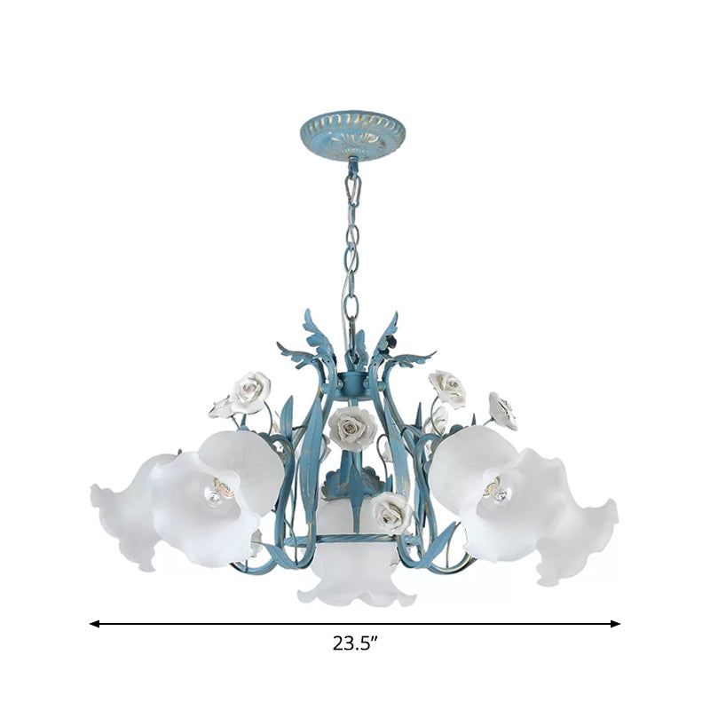 4/6/9-Head Chandelier Lamp Pastoral Style Downward Floral Frosted Glass Pendant Hanging Light in Blue Clearhalo 'Ceiling Lights' 'Chandeliers' Lighting' options 1968425