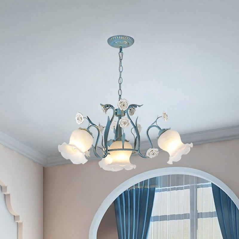 4/6/9-Head Chandelier Lamp Pastoral Style Downward Floral Frosted Glass Pendant Hanging Light in Blue Clearhalo 'Ceiling Lights' 'Chandeliers' Lighting' options 1968427