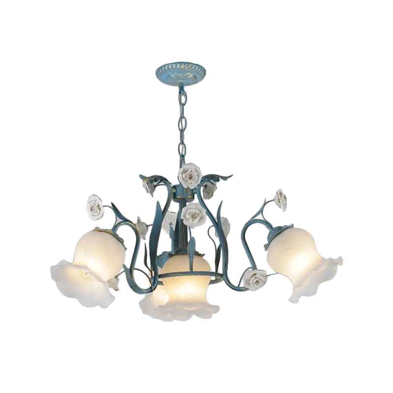 4/6/9-Head Chandelier Lamp Pastoral Style Downward Floral Frosted Glass Pendant Hanging Light in Blue Clearhalo 'Ceiling Lights' 'Chandeliers' Lighting' options 1968428