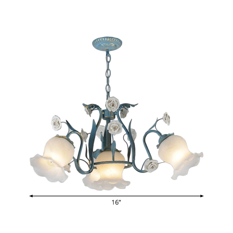 4/6/9-Head Chandelier Lamp Pastoral Style Downward Floral Frosted Glass Pendant Hanging Light in Blue Clearhalo 'Ceiling Lights' 'Chandeliers' Lighting' options 1968430