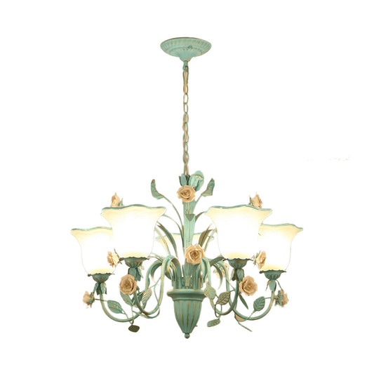 Floral Frosted Glass Hanging Chandelier Romantic Pastoral 3/5-Light Bedroom Pendant Ceiling Light in Blue Clearhalo 'Ceiling Lights' 'Chandeliers' Lighting' options 1968452