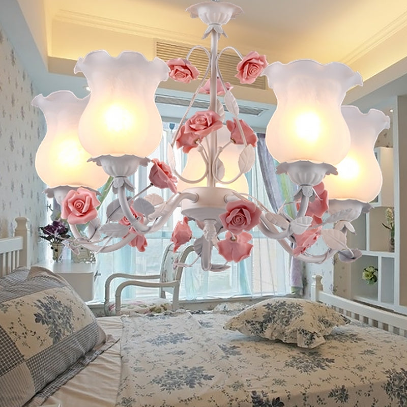 5 Lights Flower Chandelier Light American Garden White Frosted Glass Pendant Ceiling Light for Kids Room Clearhalo 'Ceiling Lights' 'Chandeliers' Lighting' options 1968470