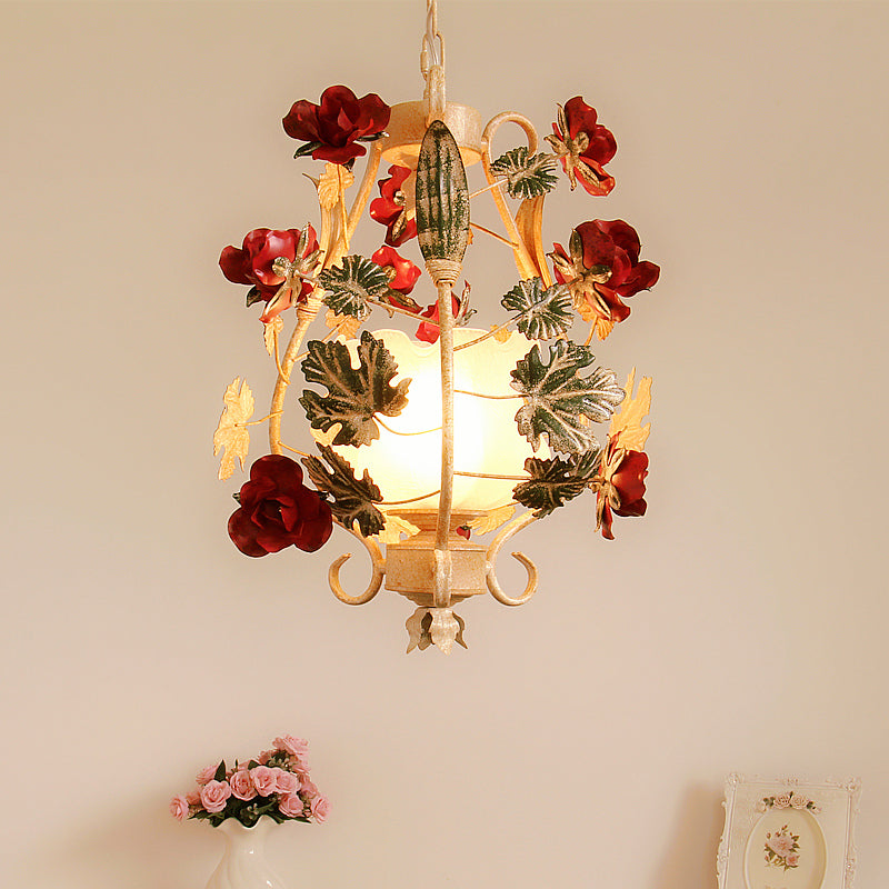 Lantern Bedroom Hanging Light Korean Flower Frosted White Glass 1-Light Beige Down Lighting Pendant Clearhalo 'Ceiling Lights' 'Pendant Lights' 'Pendants' Lighting' 1968477