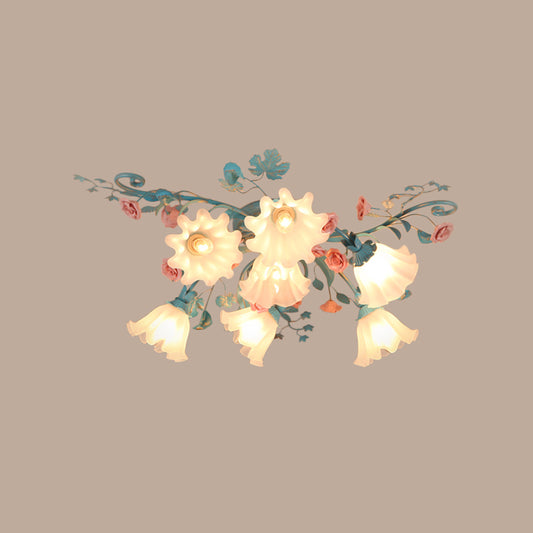7/9 Lights Semi Flush Mount Korean Garden Flower Frosted Class Flush Ceiling Light in White/Pink Clearhalo 'Ceiling Lights' 'Close To Ceiling Lights' 'Close to ceiling' 'Semi-flushmount' Lighting' 1968516
