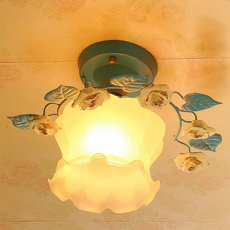 Floral Shape Living Room Flush Mount Pastoral Frosted White Glass 1-Light Blue Ceiling Flush Mount Light Clearhalo 'Ceiling Lights' 'Close To Ceiling Lights' 'Close to ceiling' 'Flush mount' Lighting' 1968535