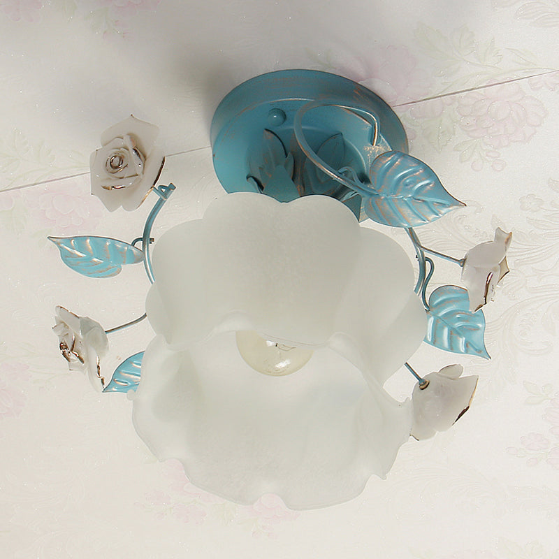 Floral Shape Living Room Flush Mount Pastoral Frosted White Glass 1-Light Blue Ceiling Flush Mount Light Clearhalo 'Ceiling Lights' 'Close To Ceiling Lights' 'Close to ceiling' 'Flush mount' Lighting' 1968536