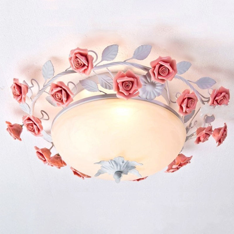 Frosted Cream Glass Bowl Flush Mounted Light Pastoral 3 Lights Bedroom Ceiling Lamp in White with Rose Decoration Clearhalo 'Ceiling Lights' 'Close To Ceiling Lights' 'Close to ceiling' 'Flush mount' Lighting' 1968556