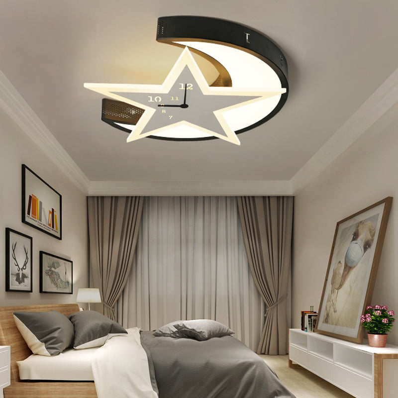 Kid Bedroom Clock Deco Flushmount Light with Star and Moon Acrylic Cartoon LED Ceiling Lamp White Warm Clearhalo 'Ceiling Lights' 'Close To Ceiling Lights' 'Close to ceiling' 'Flush mount' Lighting' 196856