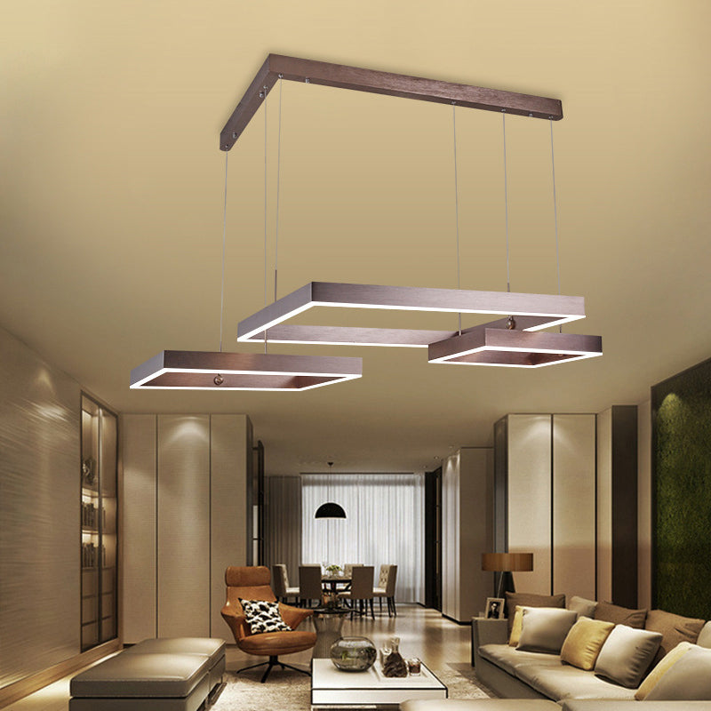 3-Square Aluminum Suspension Light Contemporary Brown LED Hanging Chandelier in Warm/White Light, Small/Large Clearhalo 'Ceiling Lights' 'Chandeliers' 'Modern Chandeliers' 'Modern' Lighting' 1968624