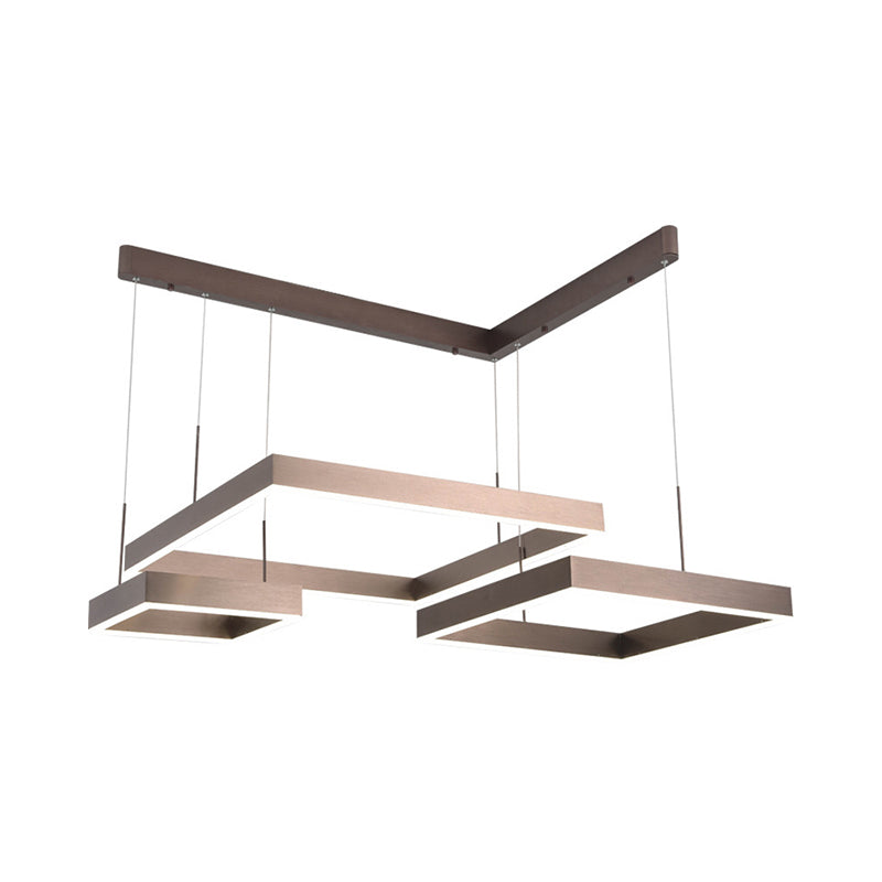3-Square Aluminum Suspension Light Contemporary Brown LED Hanging Chandelier in Warm/White Light, Small/Large Clearhalo 'Ceiling Lights' 'Chandeliers' 'Modern Chandeliers' 'Modern' Lighting' 1968626