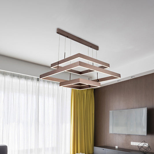 Layered Square Office Ceiling Chandelier Aluminum 3-Light Modernist LED Suspension Light in Coffee, Warm/White Light Coffee Clearhalo 'Ceiling Lights' 'Chandeliers' 'Modern Chandeliers' 'Modern' Lighting' 1968654