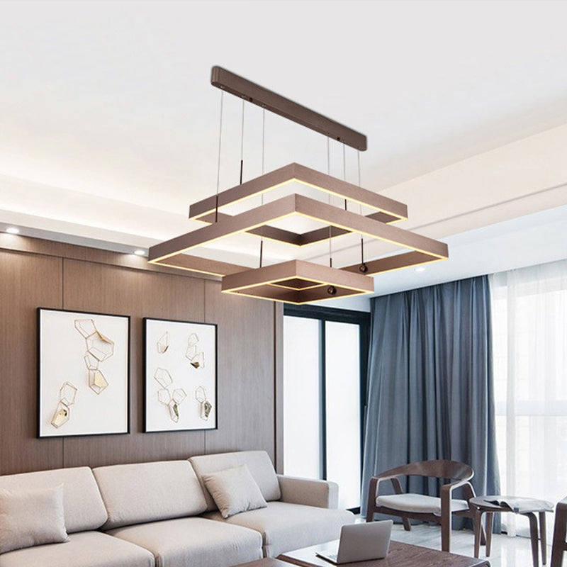 Layered Square Office Ceiling Chandelier Aluminum 3-Light Modernist LED Suspension Light in Coffee, Warm/White Light Clearhalo 'Ceiling Lights' 'Chandeliers' 'Modern Chandeliers' 'Modern' Lighting' 1968655