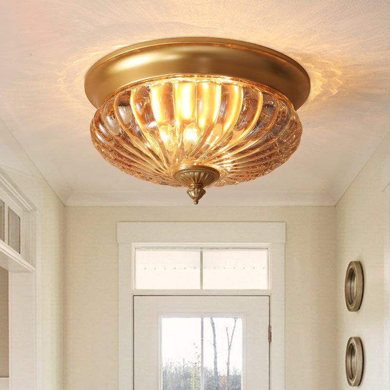 12"/10" Wide 2 Lights Flush Mount Light Fixture Vintage Crown Shape Clear Ribbed Glass Flush Ceiling Lamp in Black/Gold Gold Clearhalo 'Ceiling Lights' 'Close To Ceiling Lights' 'Close to ceiling' 'Flush mount' Lighting' 1968825