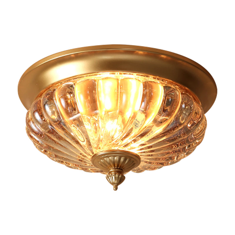 12"/10" Wide 2 Lights Flush Mount Light Fixture Vintage Crown Shape Clear Ribbed Glass Flush Ceiling Lamp in Black/Gold Clearhalo 'Ceiling Lights' 'Close To Ceiling Lights' 'Close to ceiling' 'Flush mount' Lighting' 1968827