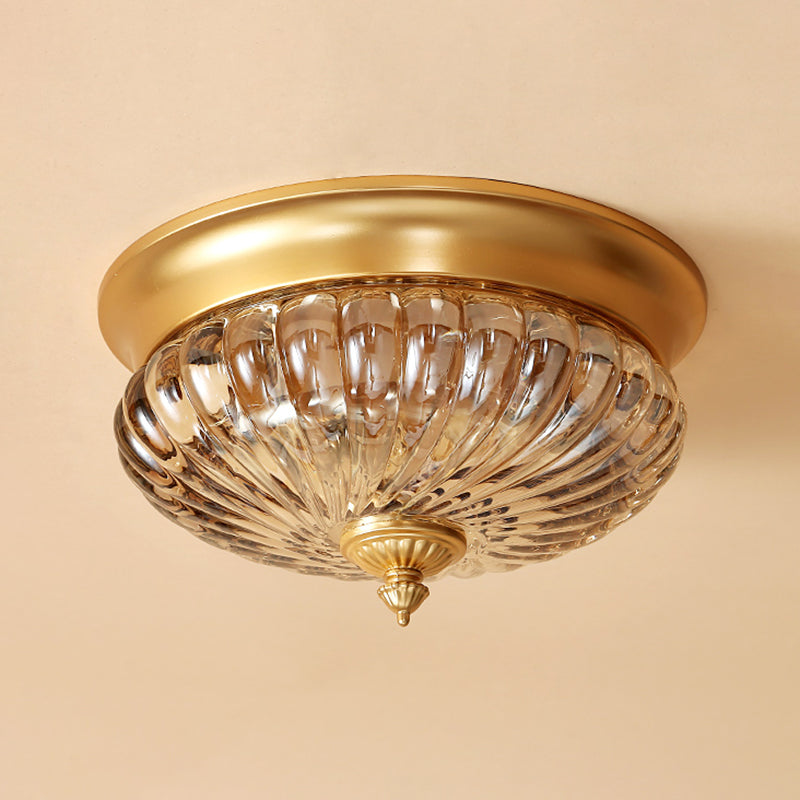 12"/10" Wide 2 Lights Flush Mount Light Fixture Vintage Crown Shape Clear Ribbed Glass Flush Ceiling Lamp in Black/Gold Clearhalo 'Ceiling Lights' 'Close To Ceiling Lights' 'Close to ceiling' 'Flush mount' Lighting' 1968828