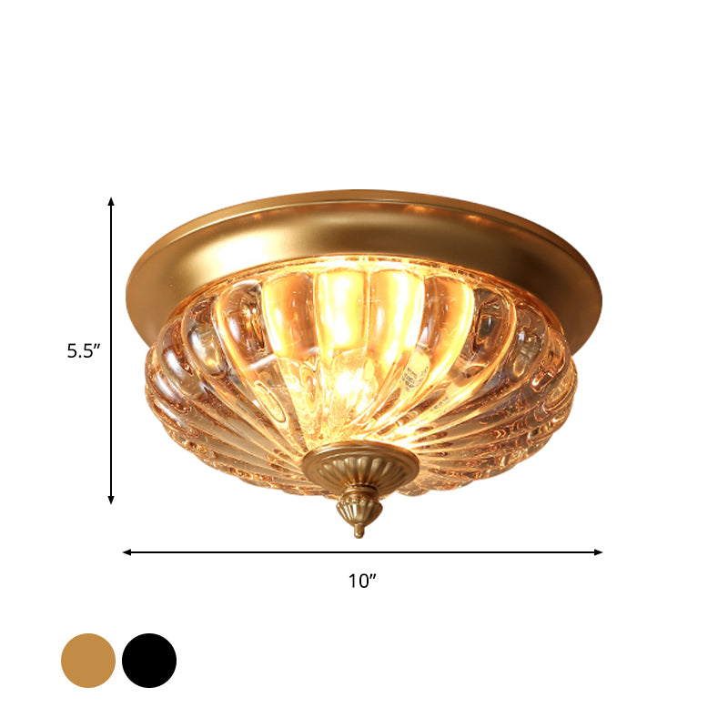 12"/10" Wide 2 Lights Flush Mount Light Fixture Vintage Crown Shape Clear Ribbed Glass Flush Ceiling Lamp in Black/Gold Clearhalo 'Ceiling Lights' 'Close To Ceiling Lights' 'Close to ceiling' 'Flush mount' Lighting' 1968829
