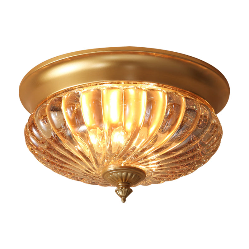 12"/10" Wide 2 Lights Flush Mount Light Fixture Vintage Crown Shape Clear Ribbed Glass Flush Ceiling Lamp in Black/Gold Clearhalo 'Ceiling Lights' 'Close To Ceiling Lights' 'Close to ceiling' 'Flush mount' Lighting' 1968830