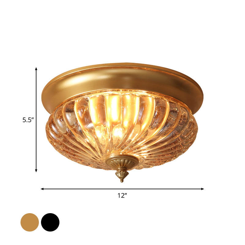 12"/10" Wide 2 Lights Flush Mount Light Fixture Vintage Crown Shape Clear Ribbed Glass Flush Ceiling Lamp in Black/Gold Clearhalo 'Ceiling Lights' 'Close To Ceiling Lights' 'Close to ceiling' 'Flush mount' Lighting' 1968831