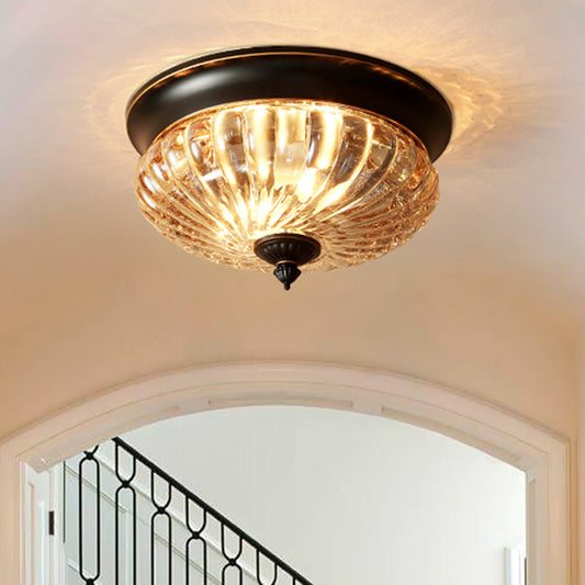 12"/10" Wide 2 Lights Flush Mount Light Fixture Vintage Crown Shape Clear Ribbed Glass Flush Ceiling Lamp in Black/Gold Clearhalo 'Ceiling Lights' 'Close To Ceiling Lights' 'Close to ceiling' 'Flush mount' Lighting' 1968832
