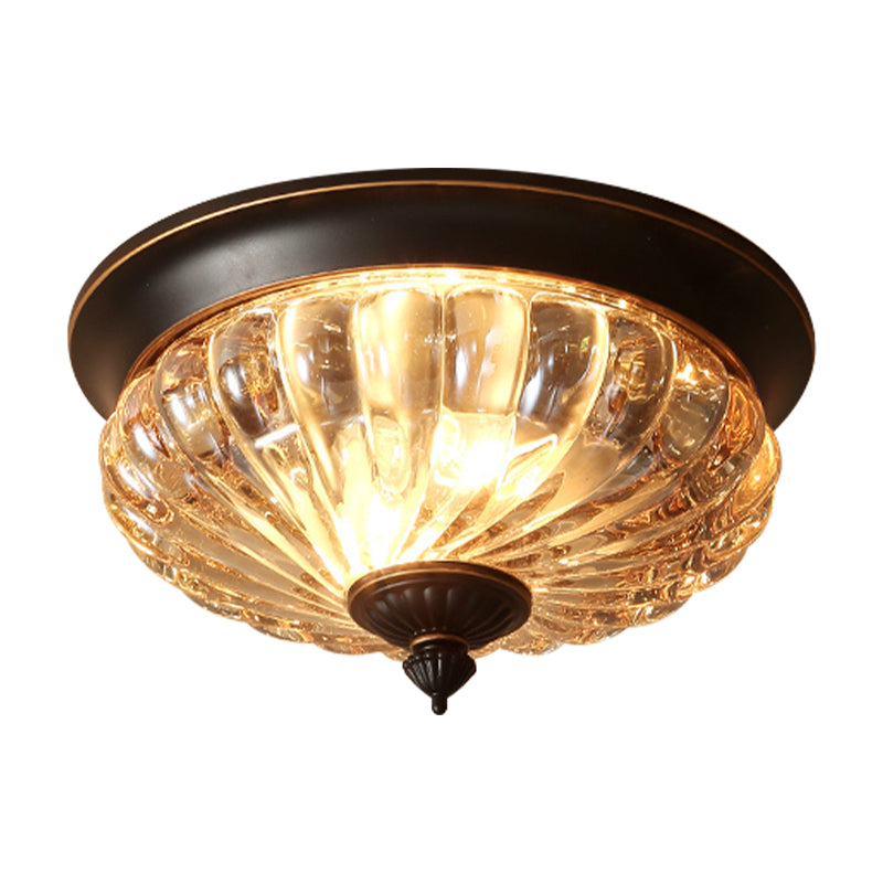 12"/10" Wide 2 Lights Flush Mount Light Fixture Vintage Crown Shape Clear Ribbed Glass Flush Ceiling Lamp in Black/Gold Clearhalo 'Ceiling Lights' 'Close To Ceiling Lights' 'Close to ceiling' 'Flush mount' Lighting' 1968834