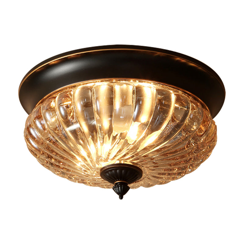 12"/10" Wide 2 Lights Flush Mount Light Fixture Vintage Crown Shape Clear Ribbed Glass Flush Ceiling Lamp in Black/Gold Clearhalo 'Ceiling Lights' 'Close To Ceiling Lights' 'Close to ceiling' 'Flush mount' Lighting' 1968835