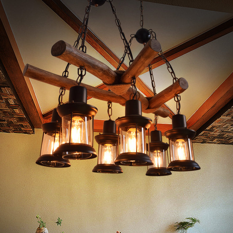 6 Heads Wood Pendant Lamp Industrial Wood Lantern Restaurant Chandelier Light Fixture Wood Clearhalo 'Carpenter Chandeliers' 'Ceiling Lights' 'Chandeliers' 'Industrial Chandeliers' 'Industrial' 'Middle Century Chandeliers' 'Modern' 'Tiffany' Lighting' 1968906