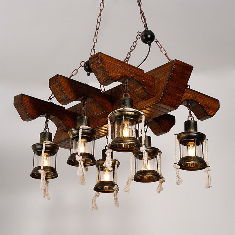 Lantern Clear Glass Chandelier Lamp Industrial 4/6 Heads Restaurant Ceiling Pendant Light in Wood 6 Wood Clearhalo 'Cast Iron' 'Ceiling Lights' 'Chandeliers' 'Industrial Chandeliers' 'Industrial' 'Metal' 'Middle Century Chandeliers' 'Rustic Chandeliers' 'Tiffany' Lighting' 1968918