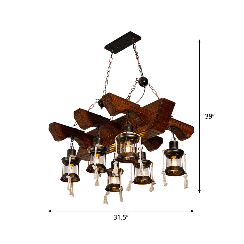 Lantern Clear Glass Chandelier Lamp Industrial 4/6 Heads Restaurant Ceiling Pendant Light in Wood Clearhalo 'Cast Iron' 'Ceiling Lights' 'Chandeliers' 'Industrial Chandeliers' 'Industrial' 'Metal' 'Middle Century Chandeliers' 'Rustic Chandeliers' 'Tiffany' Lighting' 1968921