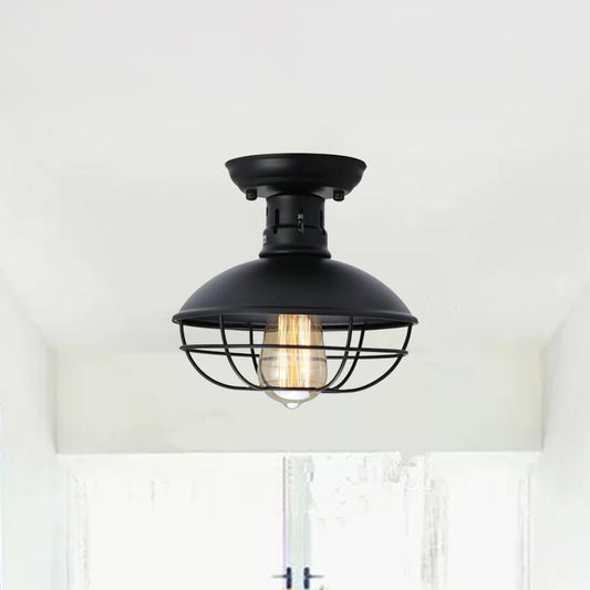 1 Head Metal Semi Flush Ceiling Light Loft Style Black Bowl Bistro Flushmount with Cage Bottom Black Clearhalo 'Ceiling Lights' 'Close To Ceiling Lights' 'Close to ceiling' 'Semi-flushmount' Lighting' 1968941