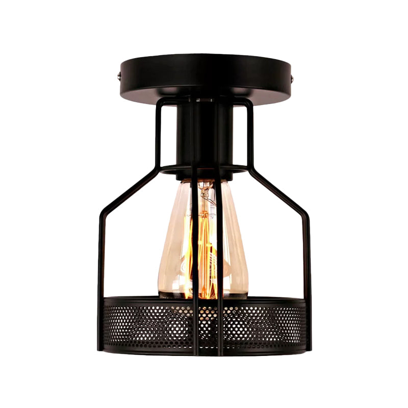 Cage Bistro Semi Flush Mount Lamp Rustic Iron 1 Bulb Black Ceiling Light with Mesh Detail Clearhalo 'Ceiling Lights' 'Close To Ceiling Lights' 'Close to ceiling' 'Semi-flushmount' Lighting' 1968957