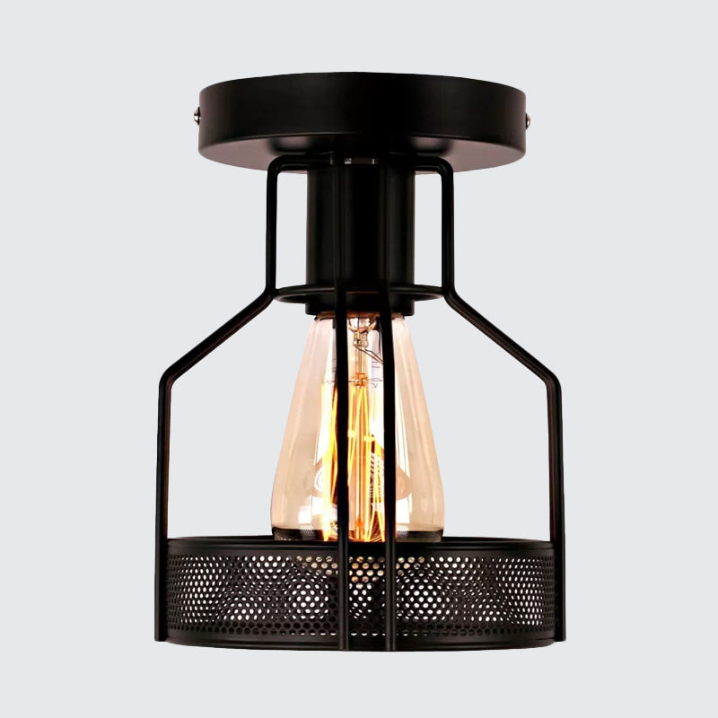 Cage Bistro Semi Flush Mount Lamp Rustic Iron 1 Bulb Black Ceiling Light with Mesh Detail Clearhalo 'Ceiling Lights' 'Close To Ceiling Lights' 'Close to ceiling' 'Semi-flushmount' Lighting' 1968958