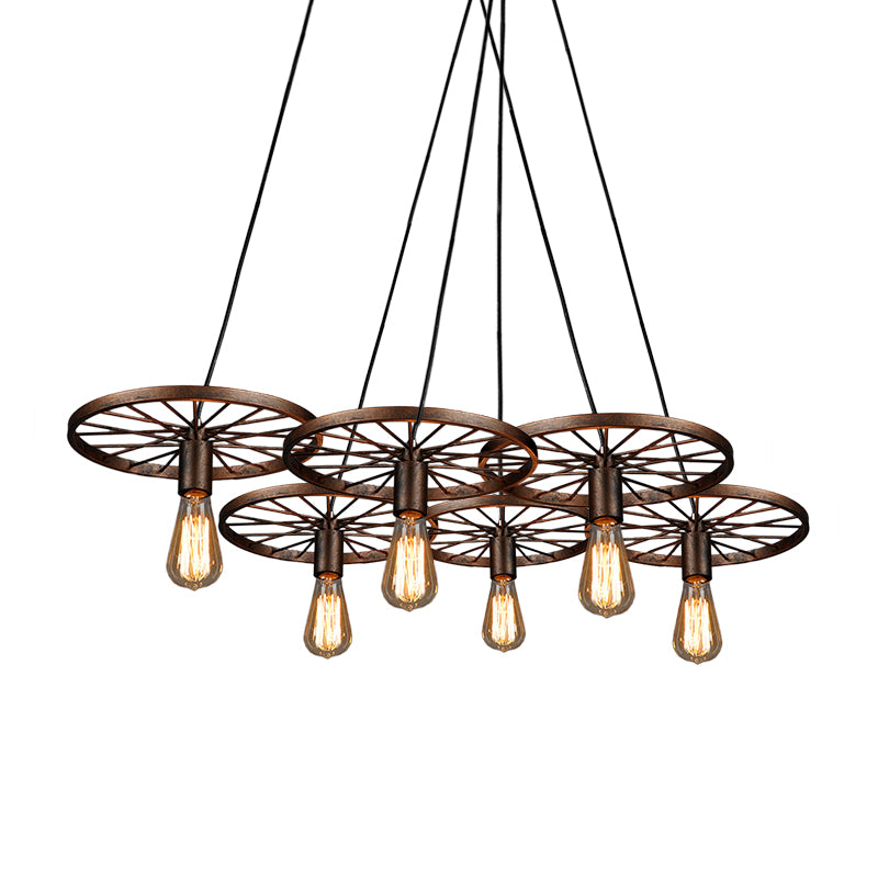 Rust Wheel Chandelier Lamp Industrial Wrought Iron 3/6-Head Dining Room Suspension Pendant Clearhalo 'Cast Iron' 'Ceiling Lights' 'Chandeliers' 'Industrial Chandeliers' 'Industrial' 'Metal' 'Middle Century Chandeliers' 'Rustic Chandeliers' 'Tiffany' Lighting' 1968962