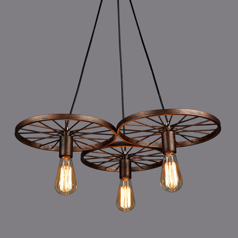 Rust Wheel Chandelier Lamp Industrial Wrought Iron 3/6-Head Dining Room Suspension Pendant Clearhalo 'Cast Iron' 'Ceiling Lights' 'Chandeliers' 'Industrial Chandeliers' 'Industrial' 'Metal' 'Middle Century Chandeliers' 'Rustic Chandeliers' 'Tiffany' Lighting' 1968967