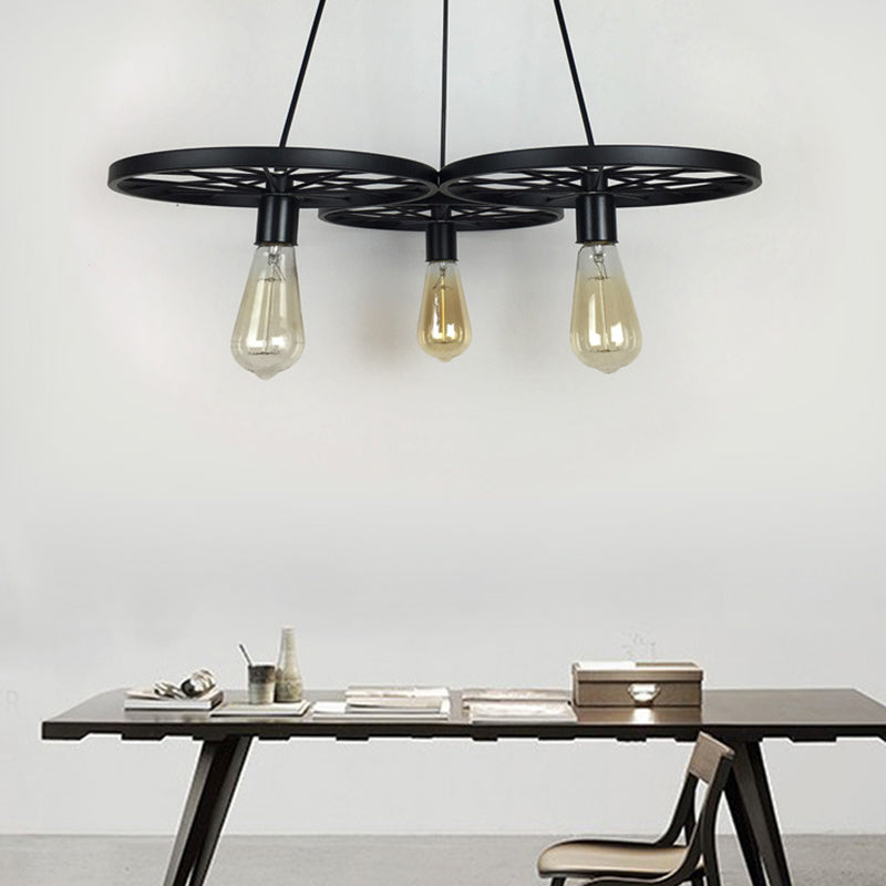 3/6 Lights Iron Hanging Chandelier Farmhouse Black Wheel Bistro Ceiling Pendant Lamp 3 Black Clearhalo 'Cast Iron' 'Ceiling Lights' 'Chandeliers' 'Industrial Chandeliers' 'Industrial' 'Metal' 'Middle Century Chandeliers' 'Rustic Chandeliers' 'Tiffany' Lighting' 1969038