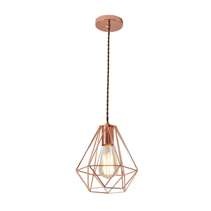 Iron Rose Gold Pendant Lamp Flared/Diamond Cage 1-Light Industrial Ceiling Hang Light for Bedroom Clearhalo 'Art Deco Pendants' 'Cast Iron' 'Ceiling Lights' 'Ceramic' 'Crystal' 'Industrial Pendants' 'Industrial' 'Metal' 'Middle Century Pendants' 'Pendant Lights' 'Pendants' 'Tiffany' Lighting' 1969095