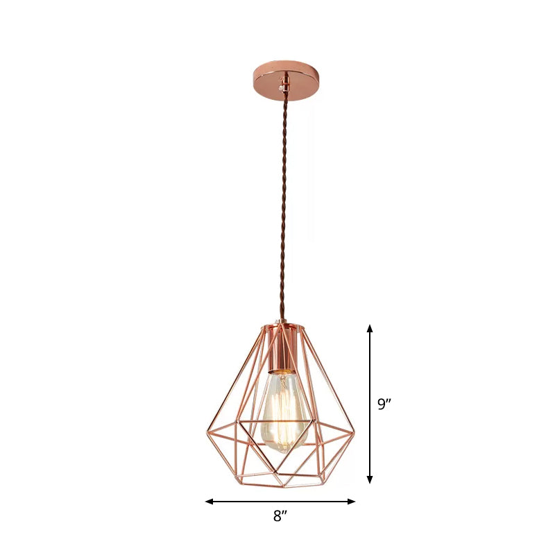 Iron Rose Gold Pendant Lamp Flared/Diamond Cage 1-Light Industrial Ceiling Hang Light for Bedroom Clearhalo 'Art Deco Pendants' 'Cast Iron' 'Ceiling Lights' 'Ceramic' 'Crystal' 'Industrial Pendants' 'Industrial' 'Metal' 'Middle Century Pendants' 'Pendant Lights' 'Pendants' 'Tiffany' Lighting' 1969097