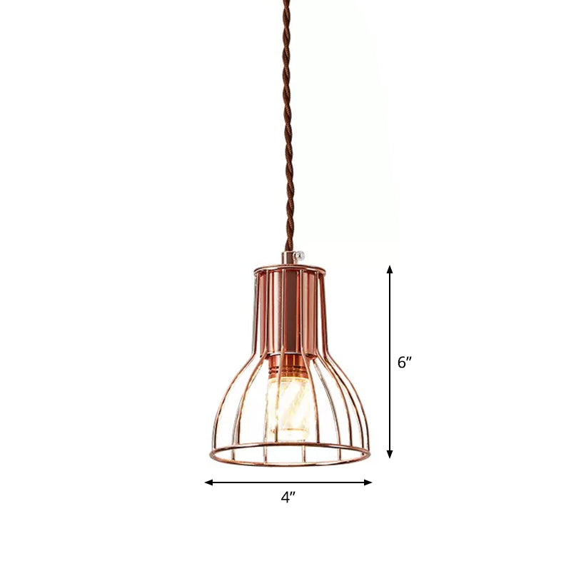 Iron Rose Gold Pendant Lamp Flared/Diamond Cage 1-Light Industrial Ceiling Hang Light for Bedroom Clearhalo 'Art Deco Pendants' 'Cast Iron' 'Ceiling Lights' 'Ceramic' 'Crystal' 'Industrial Pendants' 'Industrial' 'Metal' 'Middle Century Pendants' 'Pendant Lights' 'Pendants' 'Tiffany' Lighting' 1969099