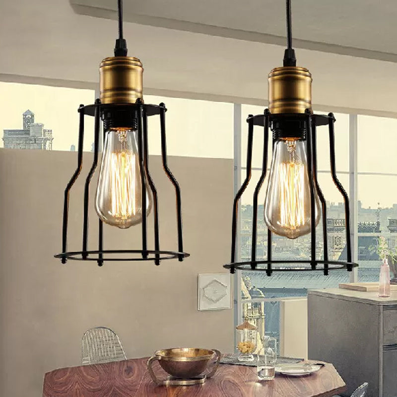 Single-Bulb Drop Pendant Warehouse Caged Metal Suspended Lighting Fixture in Black Black Clearhalo 'Art Deco Pendants' 'Black' 'Cast Iron' 'Ceiling Lights' 'Ceramic' 'Crystal' 'Industrial Pendants' 'Industrial' 'Metal' 'Middle Century Pendants' 'Pendant Lights' 'Pendants' 'Rustic Pendants' 'Tiffany' Lighting' 1969114